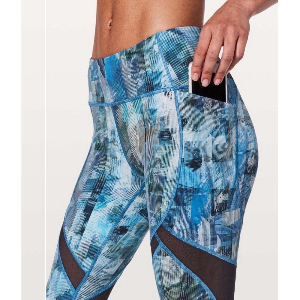 Lululemon Run On Pace 7/8 High Rise Mesh Panels Blue Abstract Print Size 2